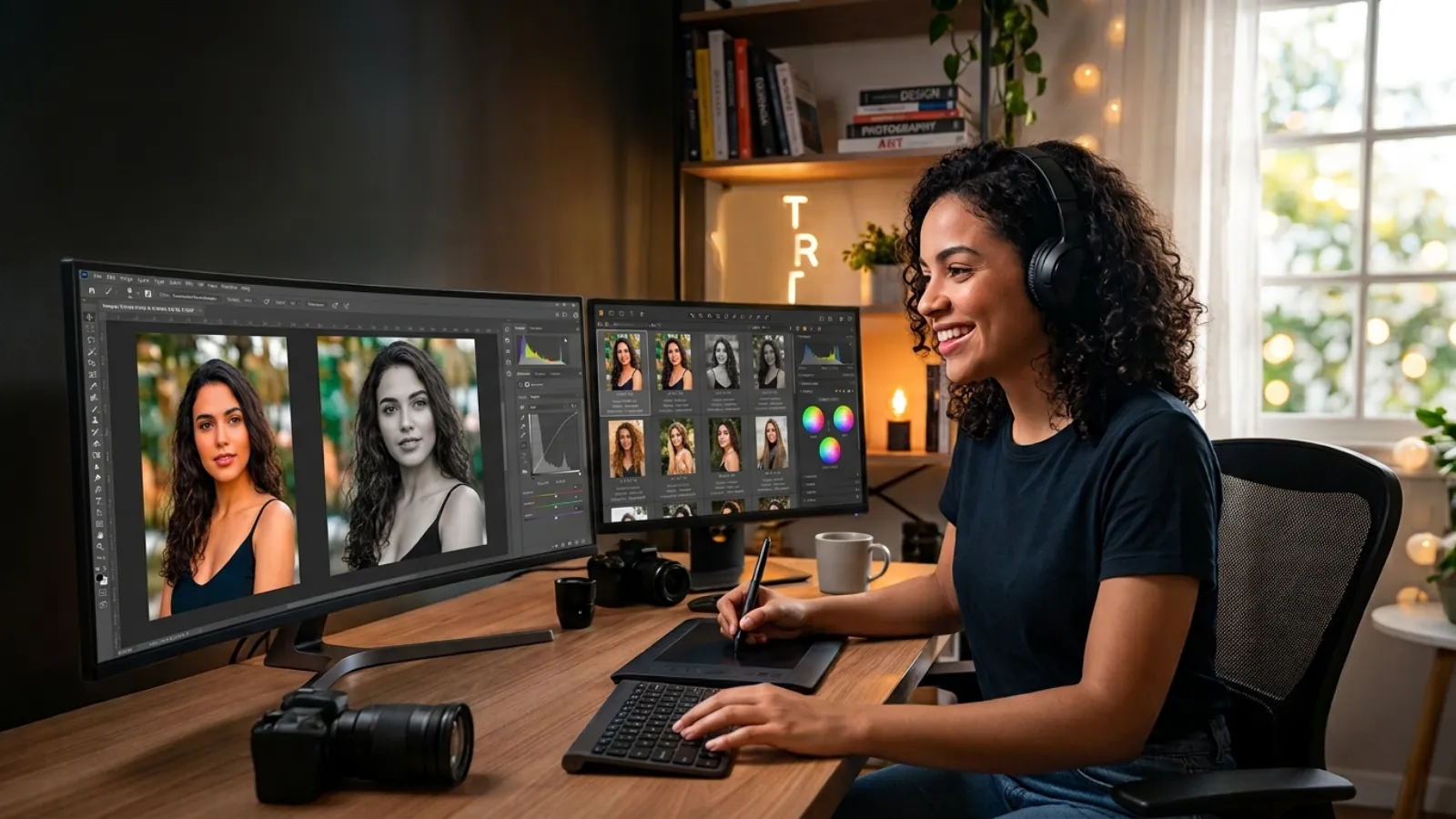 Fotógrafo fazendo edição de fotos no Lightroom em computador com fluxo de trabalho organizado
